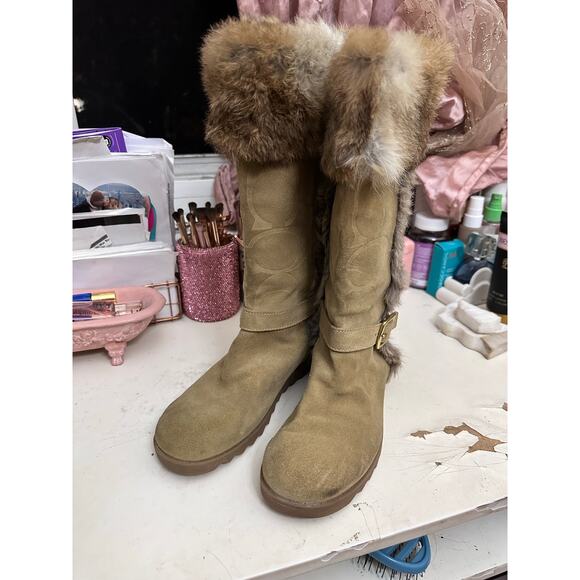 Coach Deeann Signature Embossed Suede Rabbit Fur Trim Boots Women 6.5 - Picture 10 of 10